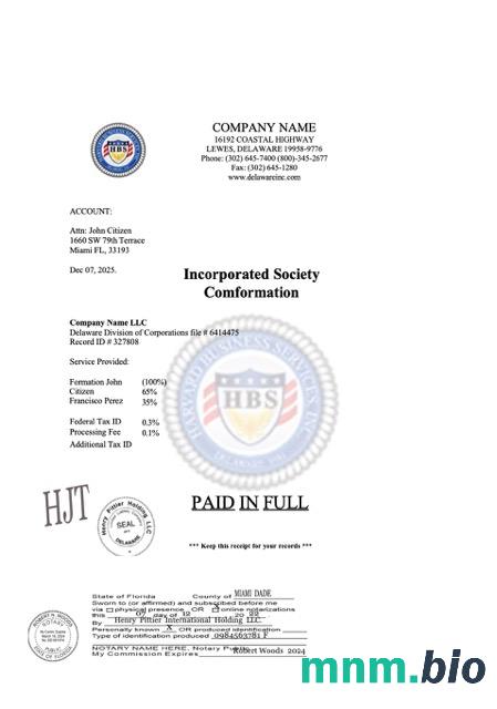 USA Florida incorporated society Comformation Word i szablon PDF